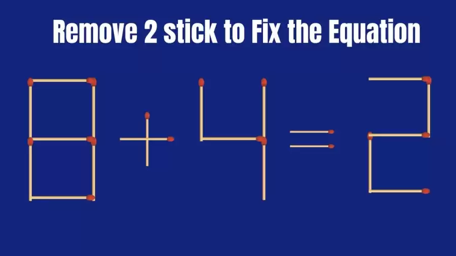 Brain Teaser Matchstick Puzzle: Remove 2 Matchsticks to make the Equation 8+4=2 Right