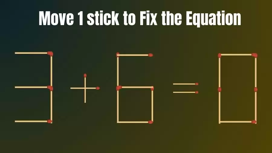 Matchstick Brain Teaser: Can You Move 1 Matchstick to Fix the Equation 3+6=0? Matchstick Puzzles