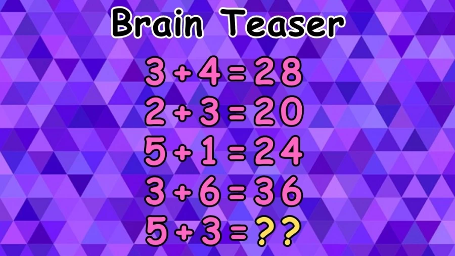 Brain Teaser: If 3+4=28, 2+3=20, 5+1=24, 3+6=36 then 5+3=? Viral Math Puzzle